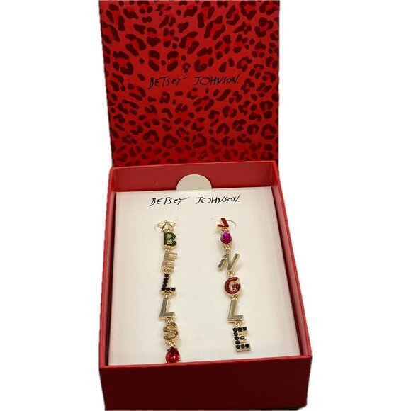 Betsey Johnson Gold-Glitter Jingle Bells Spelled Out Gem Detail Linear Earrings - Picture 4 of 5